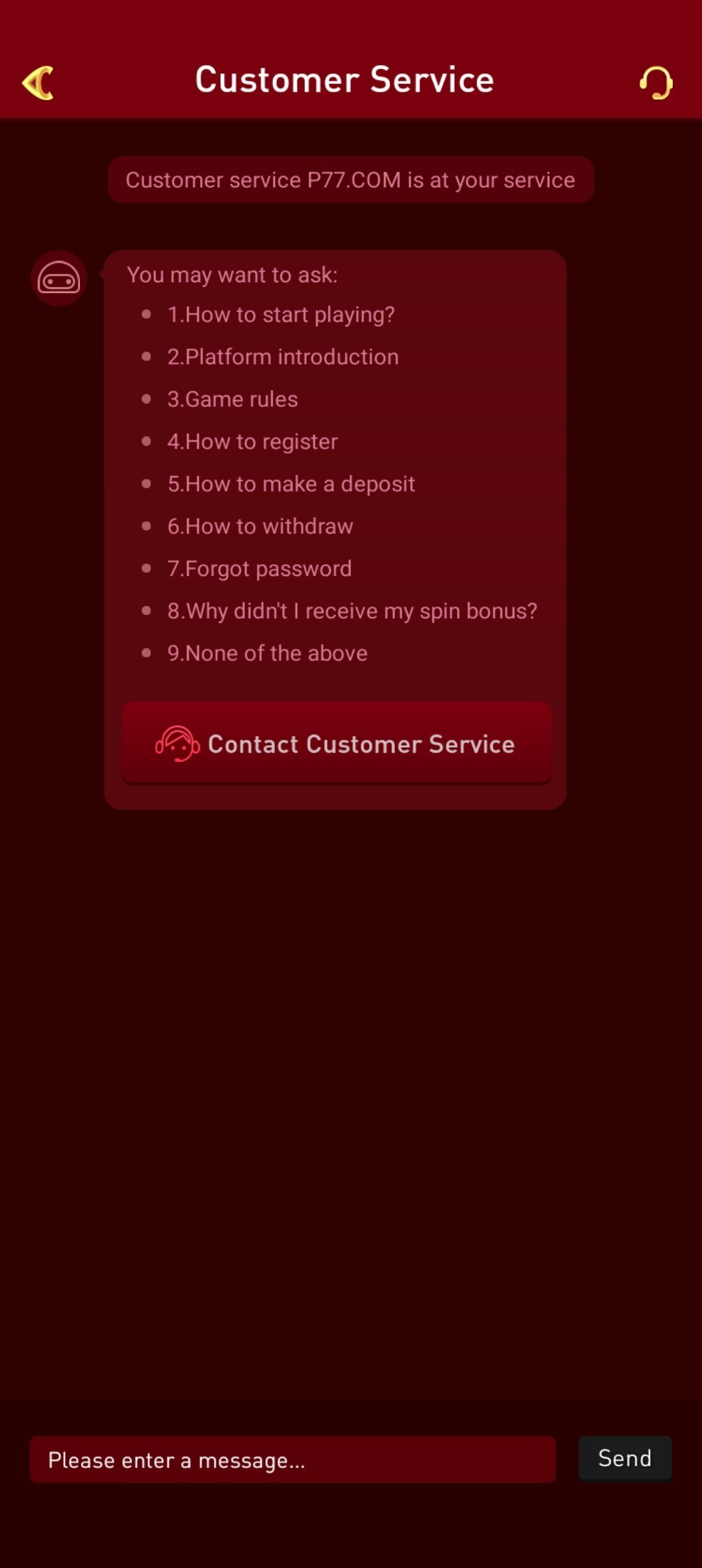 p77play app — Customer Service screen