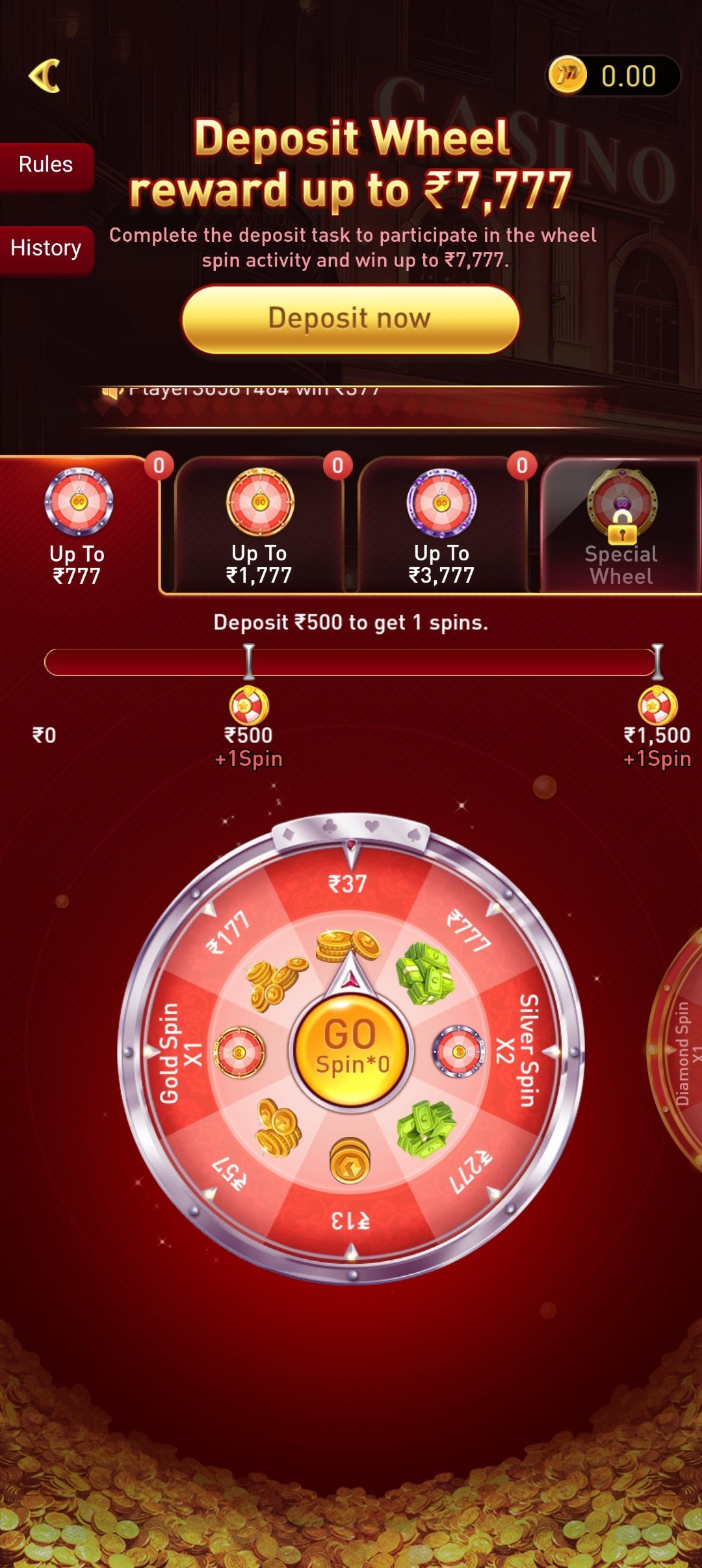 p77play app — Deposit Wheel screen
