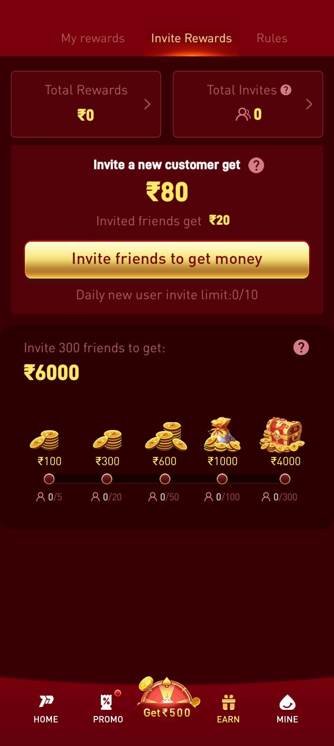 p77play app — Invite & Earn screen
