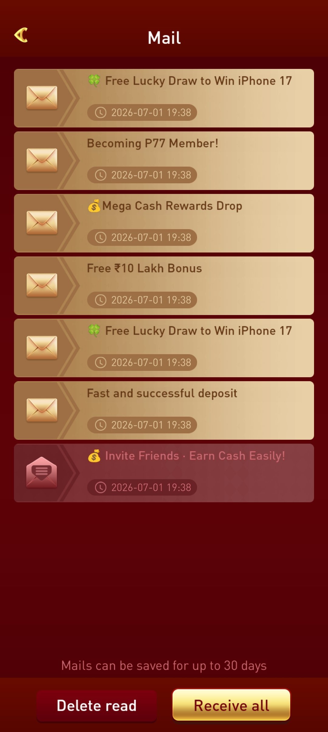p77play app — Mail Box screen