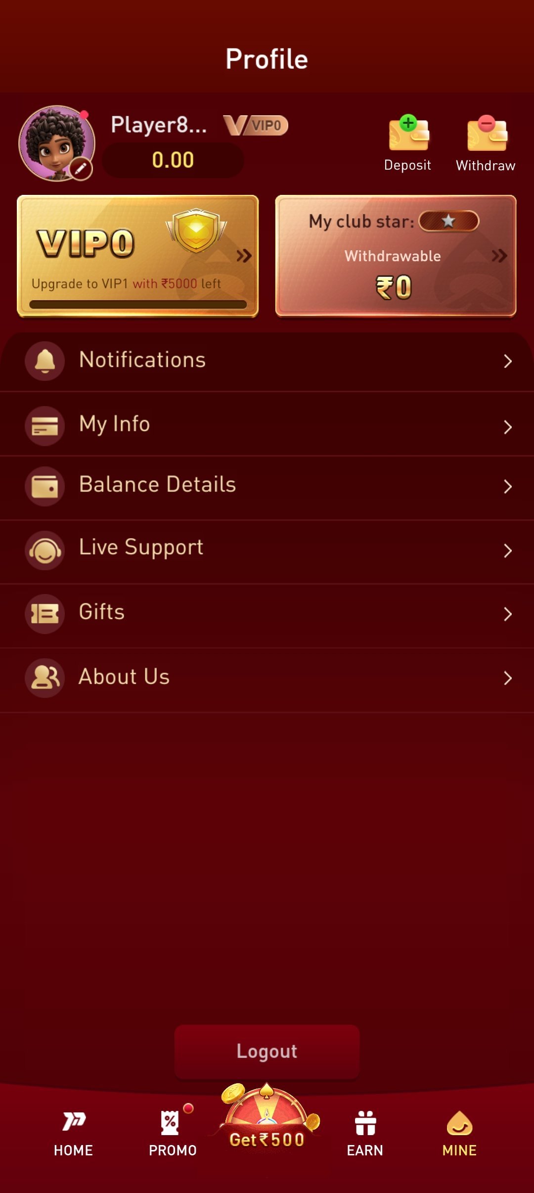 p77play app — Player Profile screen